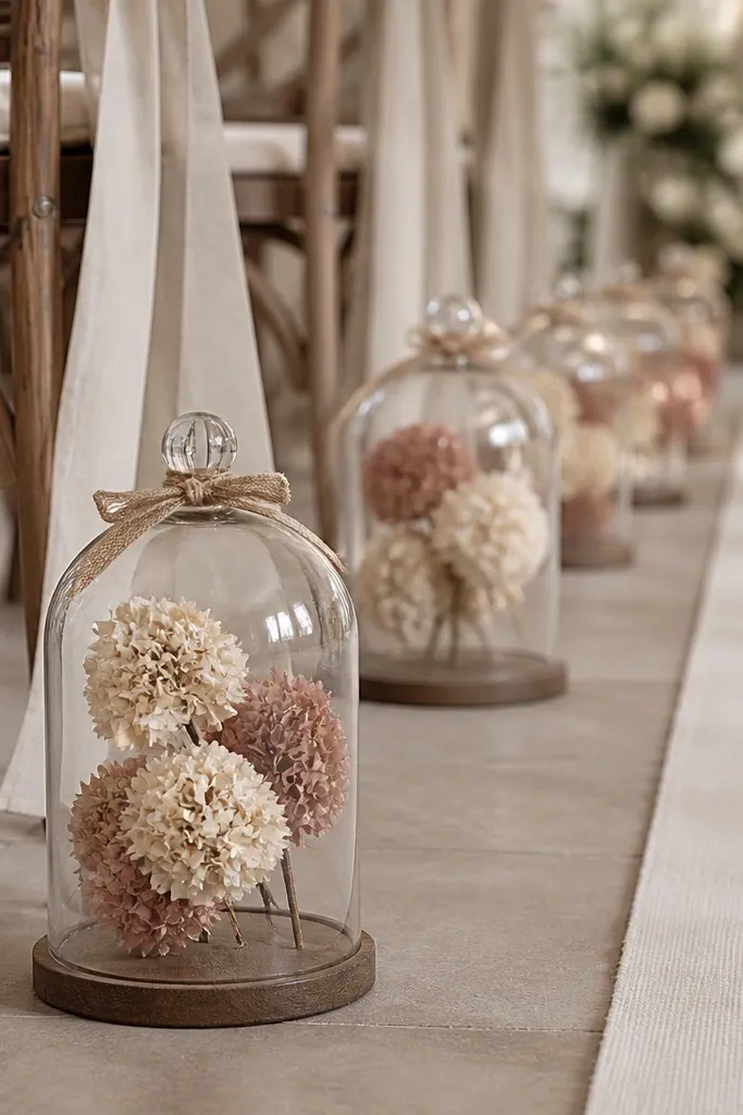 Several glass cloches placed along the aisle, each containing a dried hydrangea-style cluster in cream and dusty rose. The cloches sit on small wooden bases and have subtle burlap ties.