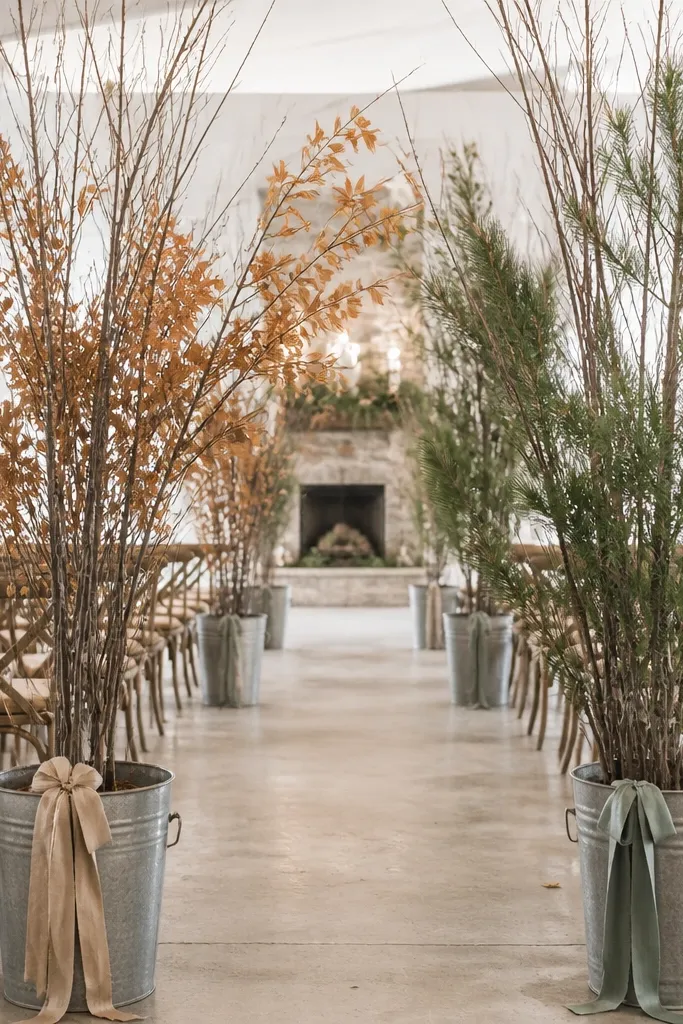 Tall branches wrapped with ribbon stand in large galvanized buckets along the aisle. The branches have dried leaves in fall sections and evergreen tips in winter sections; ribbons are muted and coordinated.
