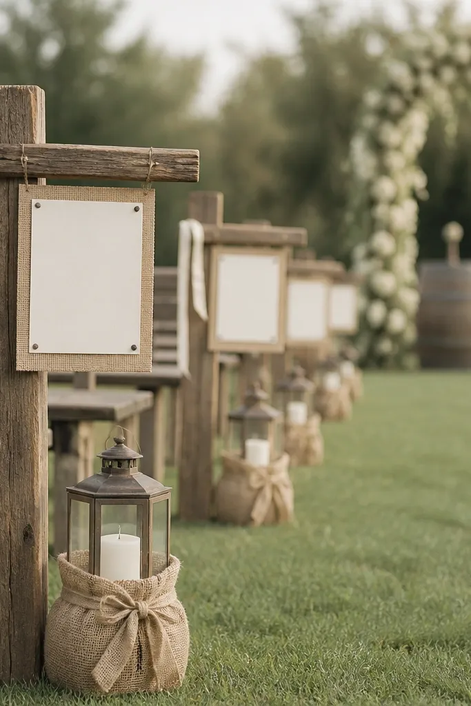 Reclaimed wood signposts placed near the aisle, each with a small ribbon stream and a simple printed sign. The signs are in cream and brown and sit next to burlap-wrapped lanterns.