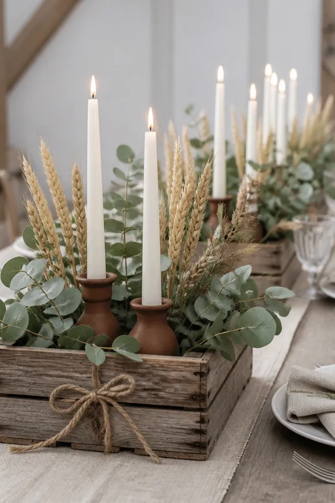 A long farm table set with weathered wooden crates as centerpieces. Inside each crate sits a cluster of eucalyptus and dried wheat, with three small rust-colored ceramic pots holding taper candles. Linen napkins in oat and a jute twine bow wrap the crate front.