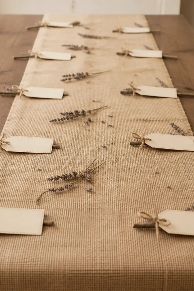 A burlap table runner laid down the center of a long wooden table. On top are small seed packet tags made from cream cardstock with stitched edges, tied with twine to short twigs. The tags point toward the runner's center, with a few scattered dried lavender sprigs.