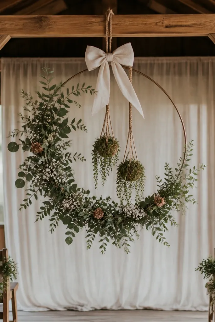 A large circular hoop hung from a barn beam with jute rope. The hoop holds a mix of faux greenery, small dried flowers, and two hanging planters with moss. A cream linen bow wraps the suspension point, and the backdrop sits behind a simple wooden arch aisle.