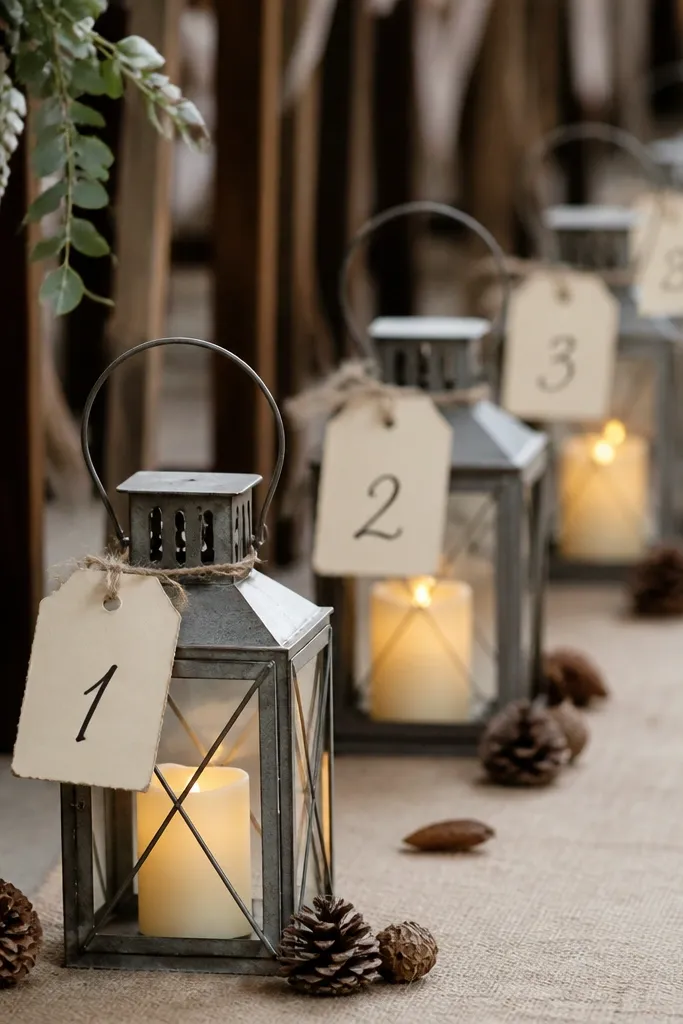 A row of small metal lanterns along a ceremony aisle. Each lantern has a cream tag tied to the handle with twine, with a black handwritten number. Inside the lantern is a warm LED candle. The ground is covered in a neutral runner and scattered pinecones.