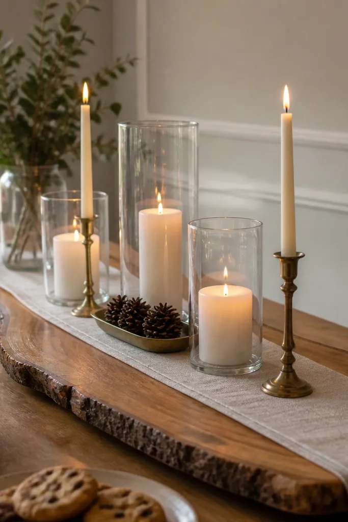 A live-edge wood slab placed on a dessert table. On top are three glass hurricanes holding LED candles, two taper candles in brass holders, and a small tray with pinecones. A thin strip of linen runs down the slab center.