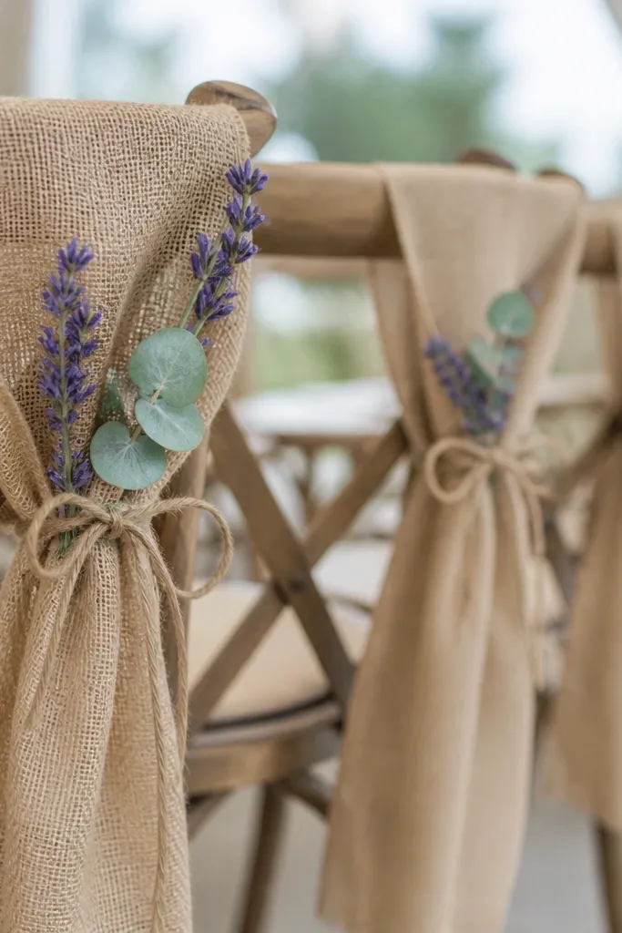 Burlap chair sashes tied around the backs of simple wooden chairs. Each sash has a small tuck of dried lavender and a sprig of eucalyptus tucked near the knot. The ties are finished with short jute bows.