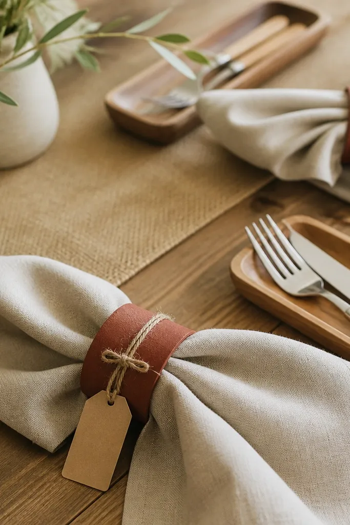 Folded napkins in oat linen held by rust-colored napkin rings. Each ring is wrapped with jute twine and finished with a small tag. The table has a burlap runner and simple wooden cutlery holders.