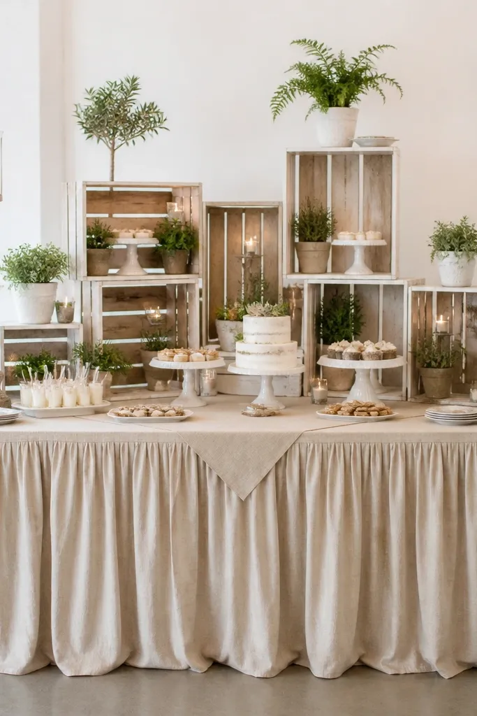 A dessert table dressed with a linen skirt that drapes to the floor. Behind it are stacked wooden crates painted white at the top edges, holding small potted greenery and cake stands. The table has a neutral runner and two tall candle towers.