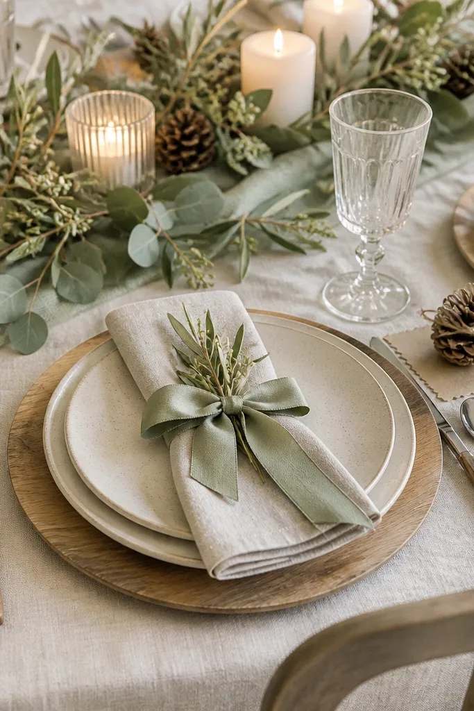 At each place setting, a small pinecone is wrapped with a thin jute twine bow. The pinecones sit near the plate on a small square of parchment or a mini kraft doily. The napkins are folded in linen and tied with sage ribbon.