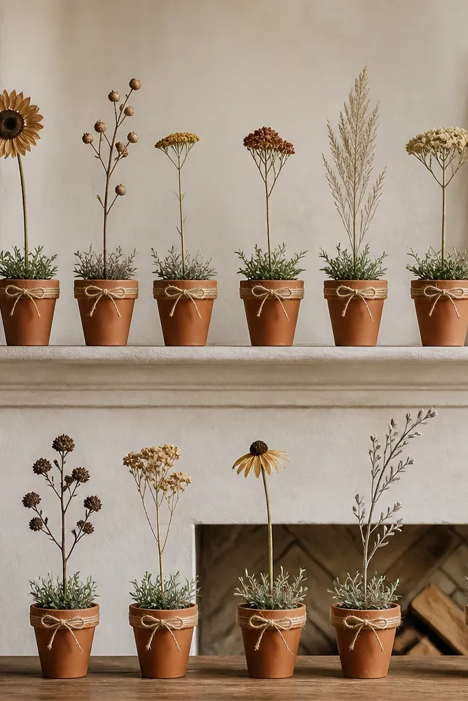Terracotta pots arranged along a mantel and table edge. Each pot holds one tall stem (like a sunflower-like bloom or dried branch) with a small cluster of greenery at the base. The pots are spaced evenly and tied with jute twine near the rim.