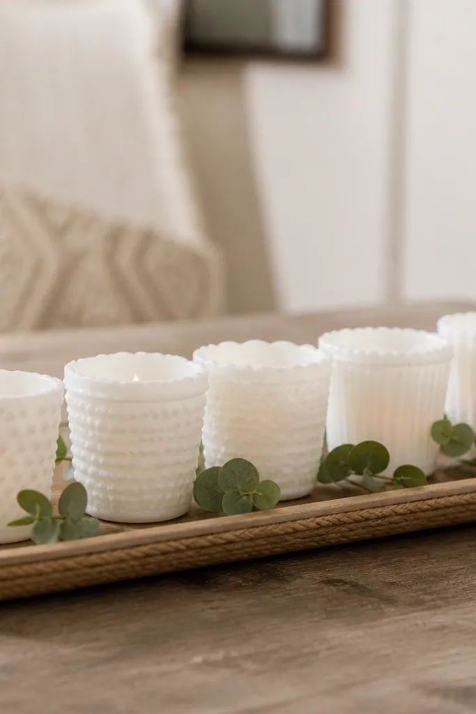 Milk-glass votive holders arranged on a long wooden tray. The tray edges are wrapped with jute rope, and the holders sit in a neat row. A few eucalyptus sprigs are tucked along the tray center.