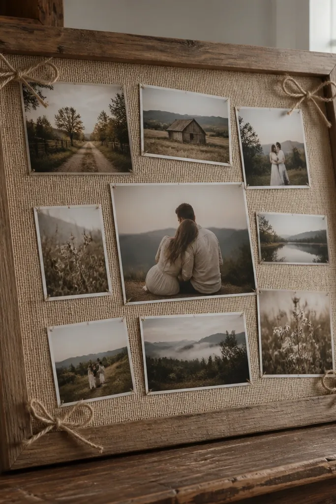 A large rectangular wooden photo frame leaning on a stand. Burlap is attached to the back with hinges so it can open like a board. Inside are printed rustic photos and a handwritten date. Jute twine bows sit in the corners.