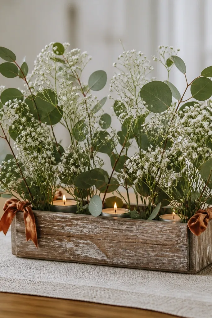 A small rectangular weathered wood box centered on a table runner, filled with seeded eucalyptus branches and airy white filler flowers. Rust-colored ribbon is tied into short bows at the box corners, and a few tea lights sit inside the box base.