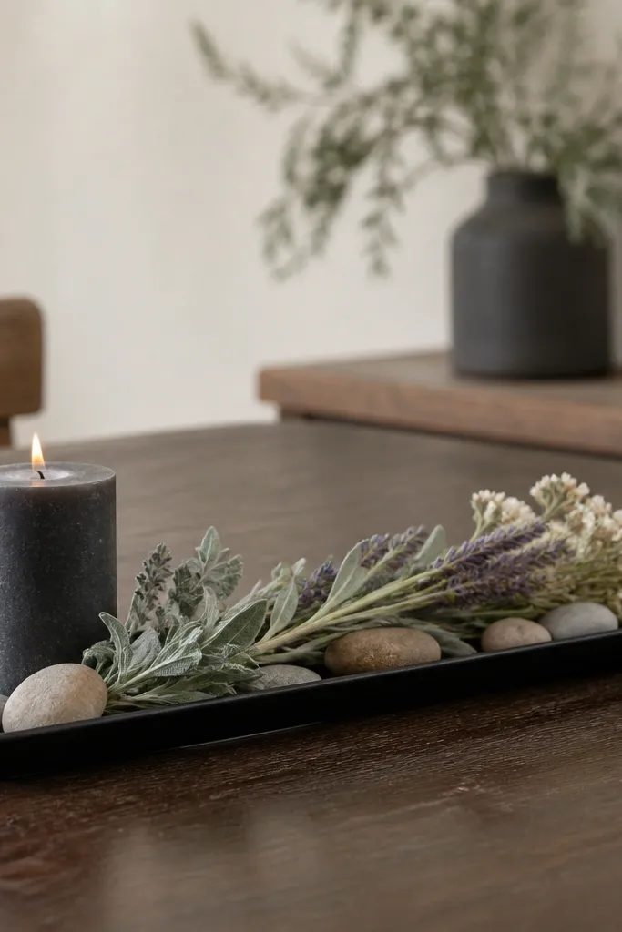 A long black metal tray with a matte finish holds sage green stems, cream wildflower clusters, and small sprigs of dried lavender. A few smooth river stones sit at the base, and one black pillar candle stands on the tray.
