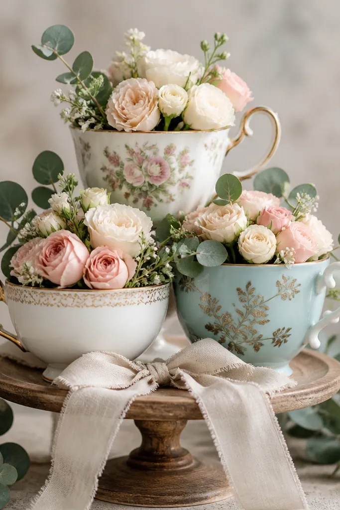 Three mismatched antique teacups arranged on a small wood cake stand. Each cup holds a tiny bouquet of cream and blush mini blooms with eucalyptus leaves. A small linen bow sits under the stack.