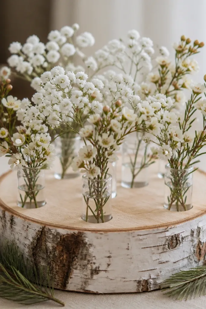 A thick birch log slice used as a base, with several small clear glass bud vials inserted into drilled holes. White baby's breath and tiny cream flowers fill the vials, and a few pine sprigs sit around the log.