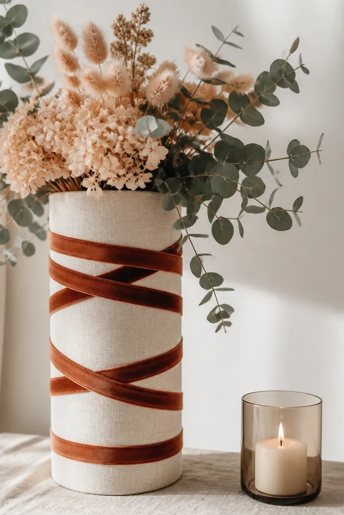 A tall cream vase covered with a linen sleeve, wrapped with rust velvet ribbon bands. Soft peach dried flowers and eucalyptus branches spill slightly over the top, with a single candle in a glass holder nearby.