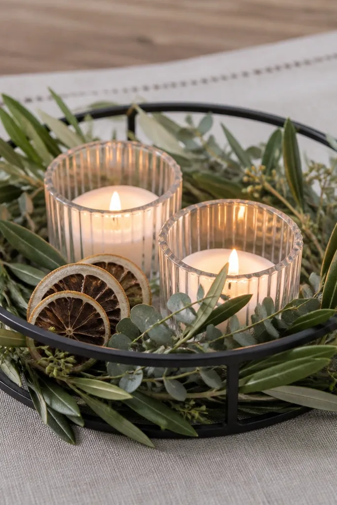 A circular ring tray holds a wreath of olive branches and seeded eucalyptus. Inside the ring are two low candles in glass holders. The ring sits on a linen placemat, with small dried citrus slices tucked near the candles.