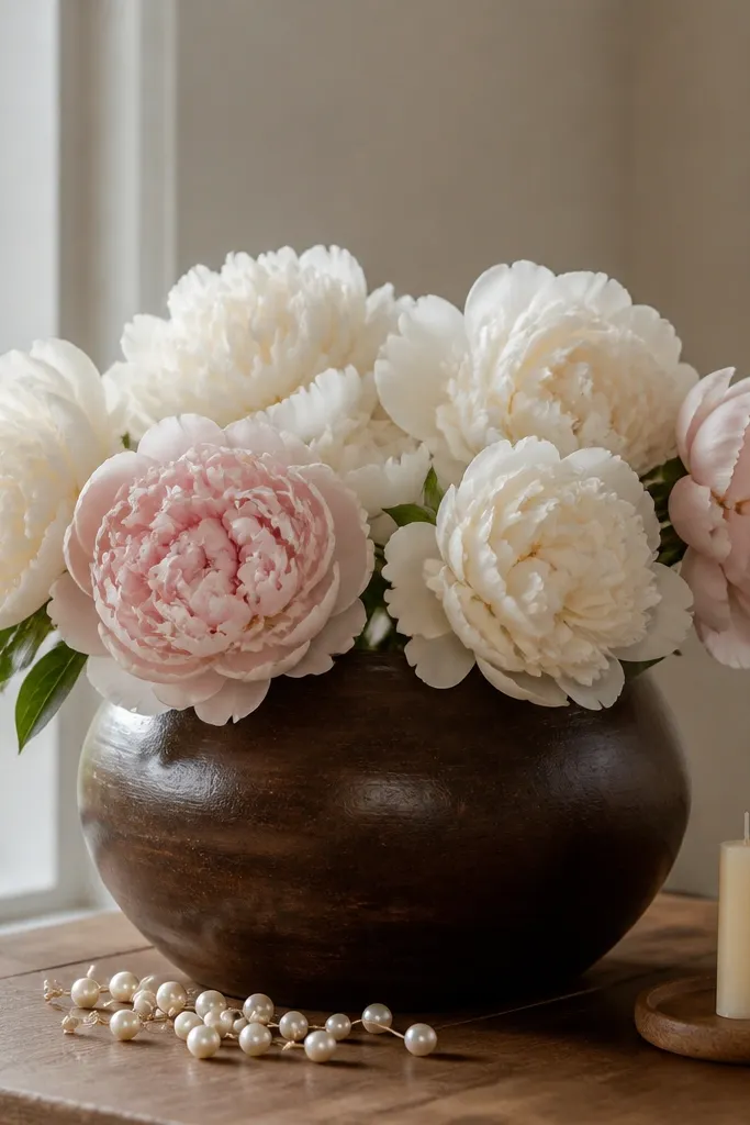 A dark walnut-colored ceramic planter holds cream peonies and a few blush blossoms. Small pearl-like accents are sprinkled at the base, and a couple of short taper candles sit on a wooden coaster beside the planter.
