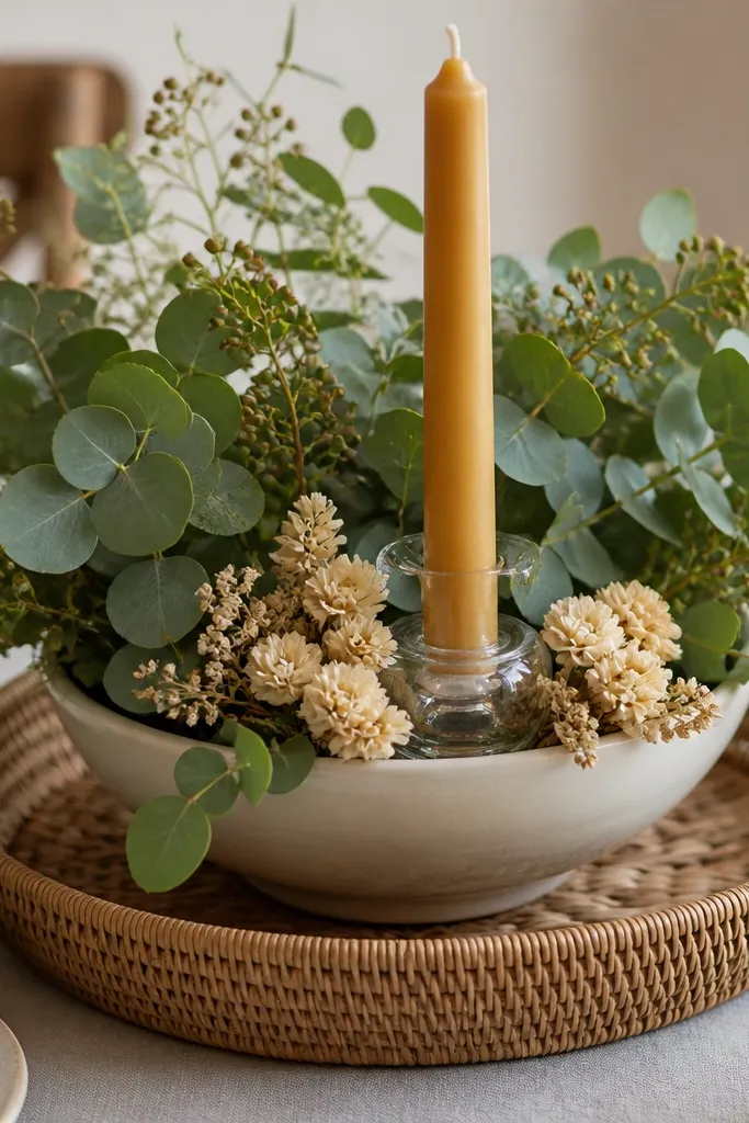 A rattan charger holds a ceramic bowl filled with heavy greenery - eucalyptus and seeded stems - plus a honey-colored taper candle in a glass holder. Small dried flowers in cream are tucked around the candle.
