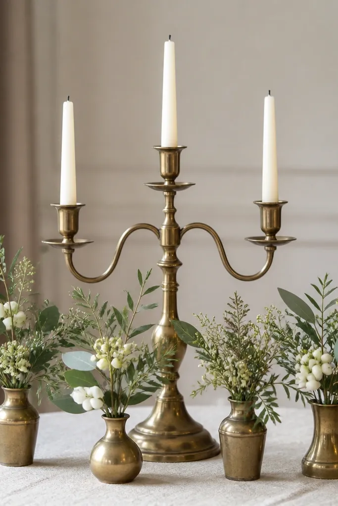 An antique brass candelabra sits in the center with three arms. Small bud vases filled with mixed greens and cream berries are placed around the base, and a few white candles sit in the arms.