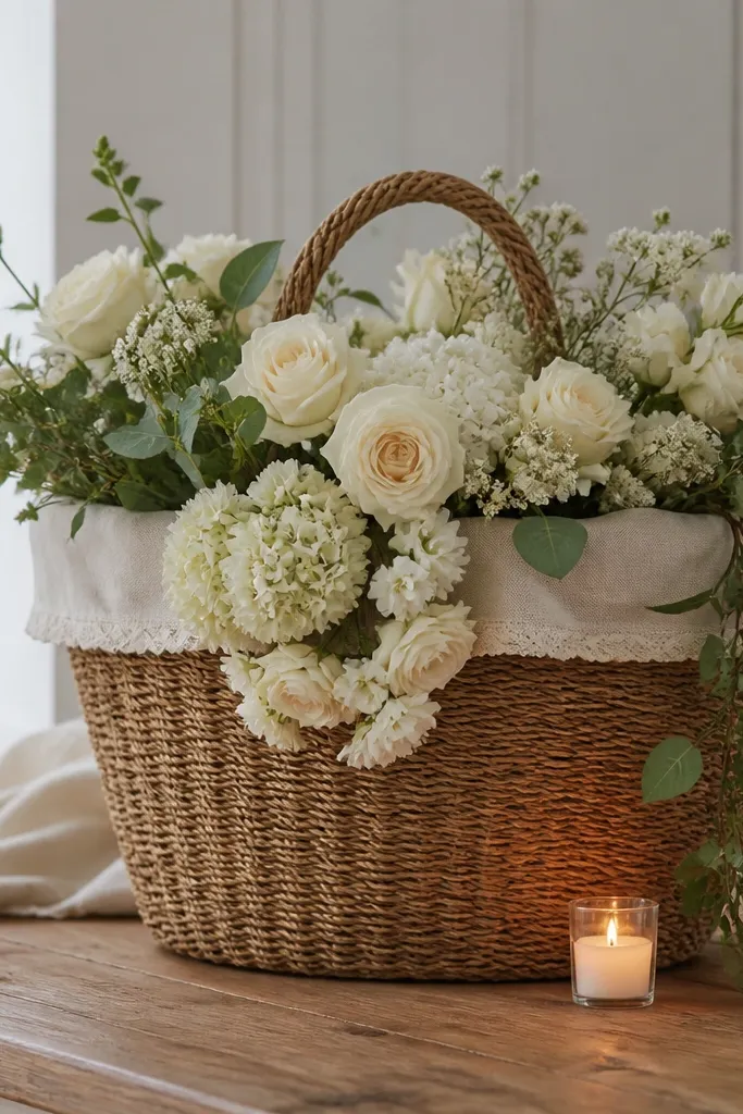 A woven market basket centered on the table, lined with a cream fabric. Cream blooms spill over the front edge, and one long green vine drapes down the side. A small candle sits under the vine near the basket base.