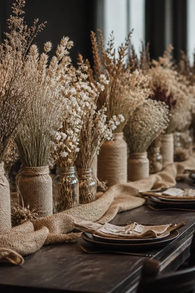 A long rustic table covered in burlap runner and multiple burlap-wrapped jars, with thick clusters of dried flowers that blend into the fabric; the table looks dark and visually cramped.