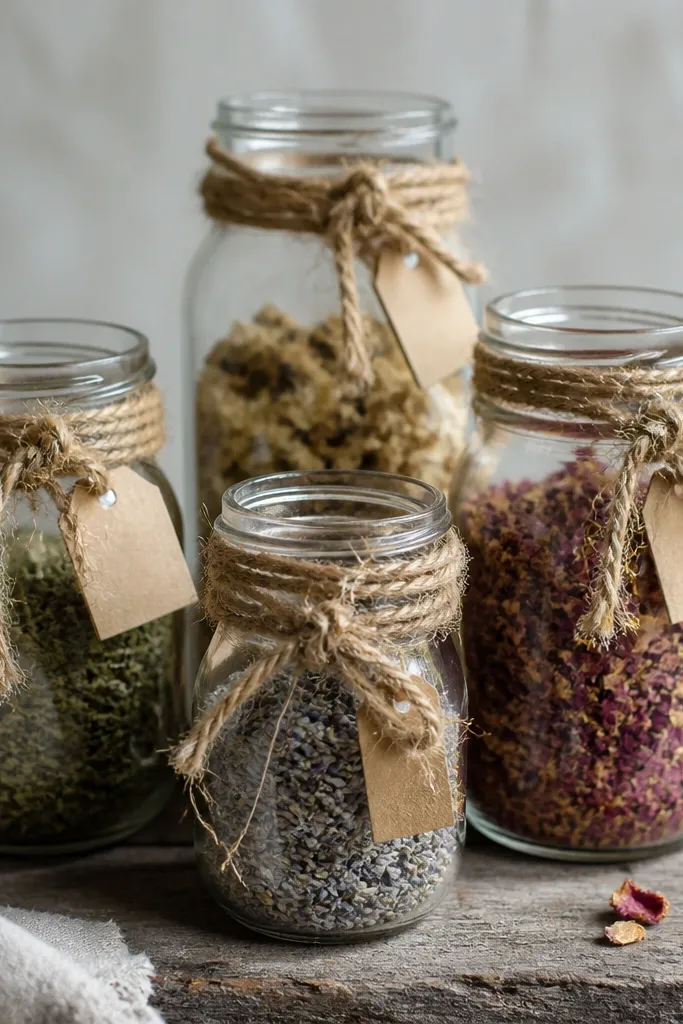 A set of mason jars tied with thick, uneven twine; the knots look bulky and the twine is frayed, with small paper tags hanging unevenly.