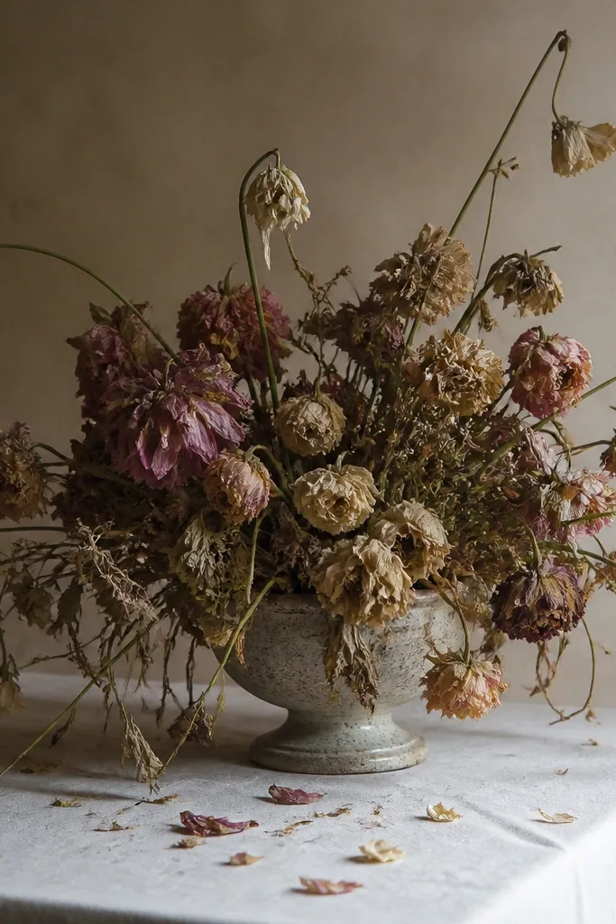 A bouquet-style centerpiece with dried stems drooping over time; some petals have shed onto the tablecloth and the arrangement looks uneven and collapsed.