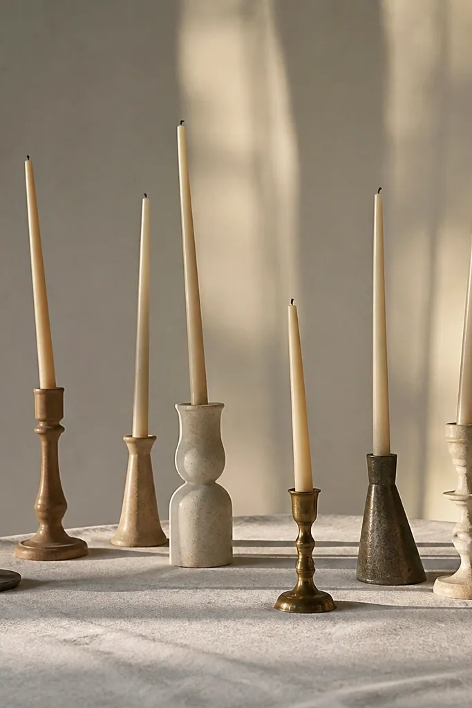 Tall taper candles on uneven holders creating harsh shadows across a table; some candles lean and the arrangement looks lopsided in photos.