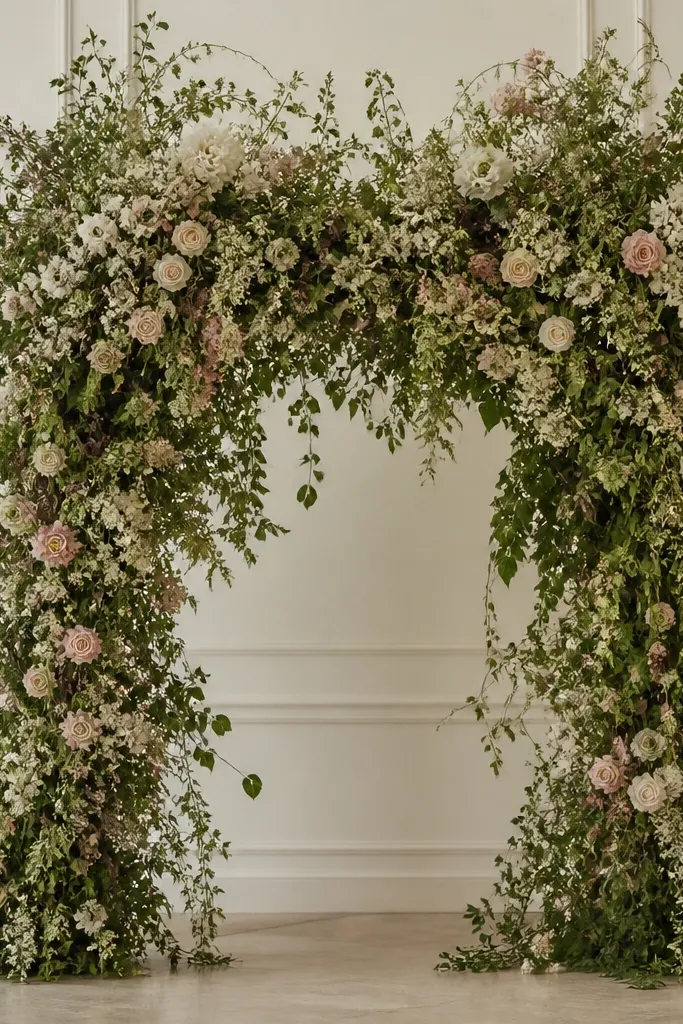 A wedding arch packed with too many florals and greenery; the arrangement looks heavy and spreads unevenly down the sides with tangled stems.