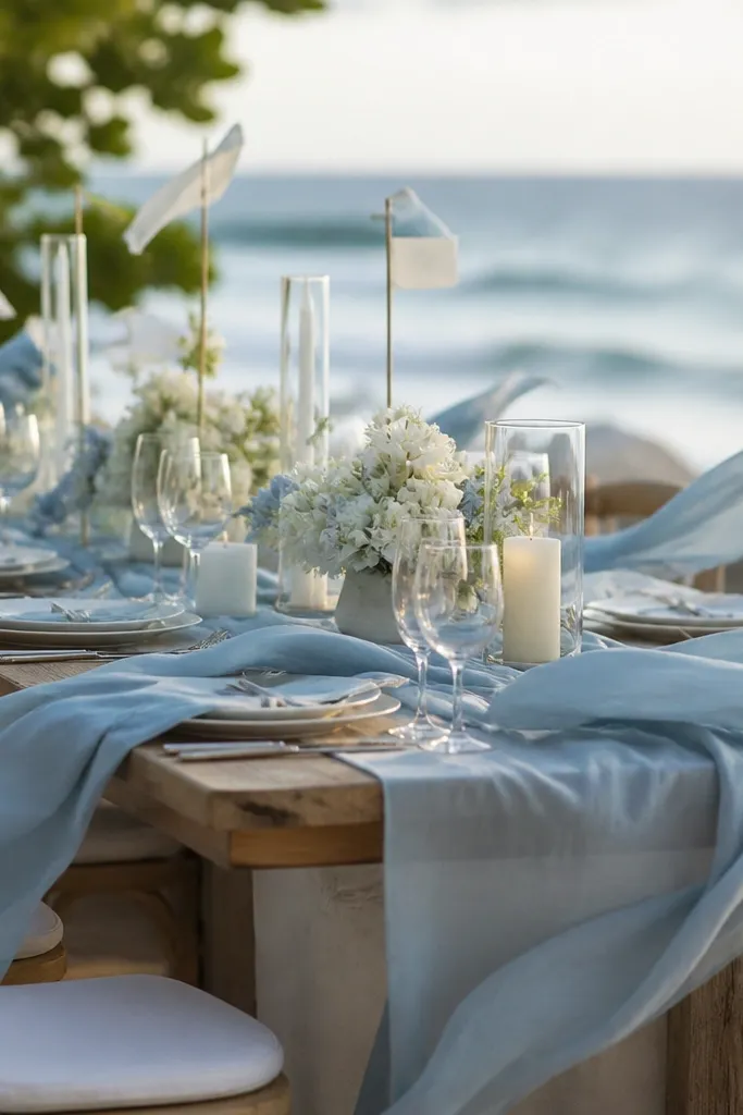 Table runners and napkins fluttering; paper signs bending; lightweight decor pieces shifting because of outdoor wind.