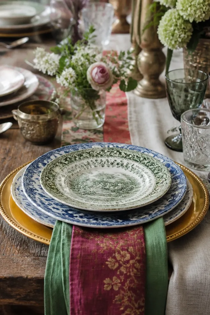 A rustic table with mismatched plates: patterned dishware, shiny chargers, and a linen runner that clashes in tone; the place settings look busy.
