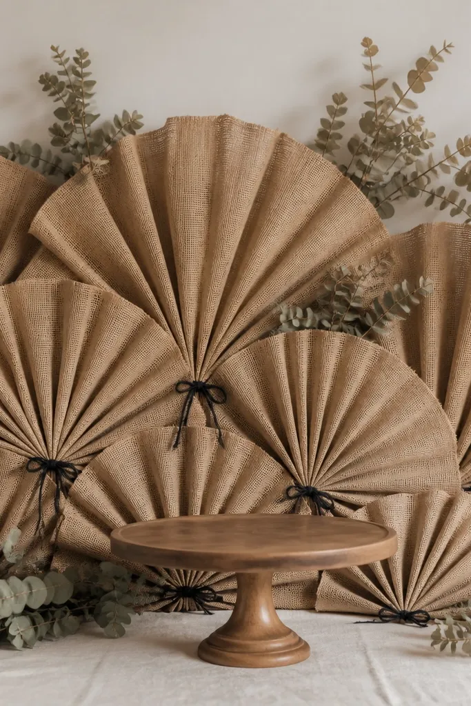 A backdrop made from multiple burlap panels folded into fans. The fans are arranged behind a cake stand area, with black twine ties and a few dried eucalyptus stems placed at the top edge.