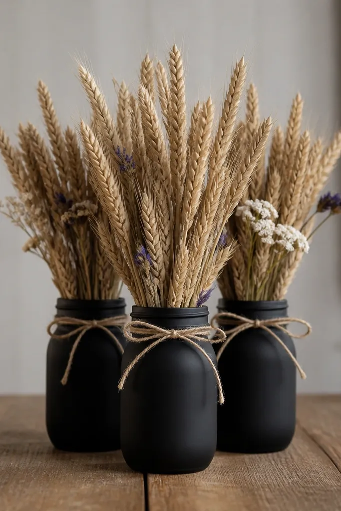 A cluster of black-painted mason jars grouped in a triangle on a wooden table. Each jar holds dried wheat stems arranged vertically, with twine tied around jar necks and a few small wildflower heads.
