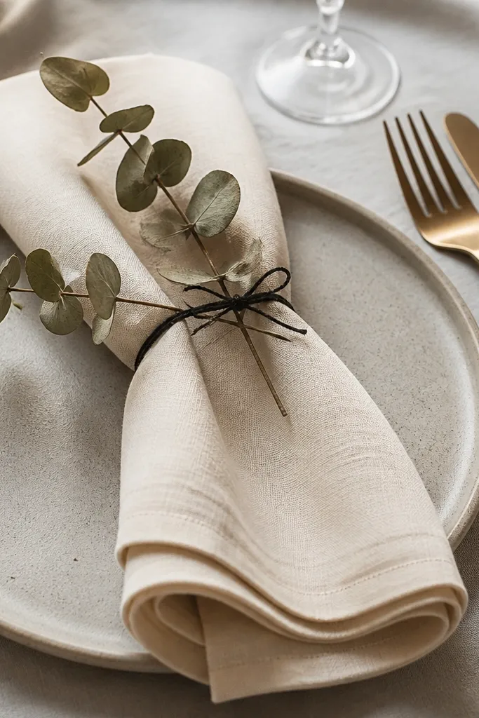Napkins wrapped with black twine tied into small knots around stems of dried eucalyptus. The napkins are in warm cream fabric, with the rings sitting close to the top fold.