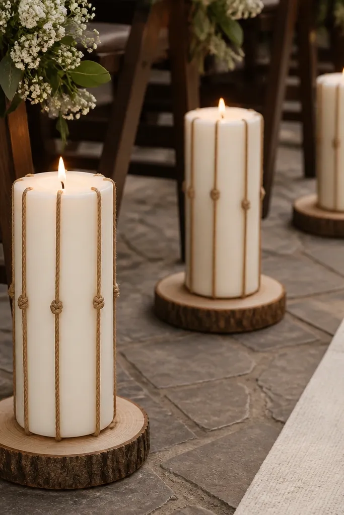 Three tall pillar candles placed on the ground along the aisle bases. Each candle has brown rope wrapped in vertical sections with small knots, and the bases sit on round wood slices.