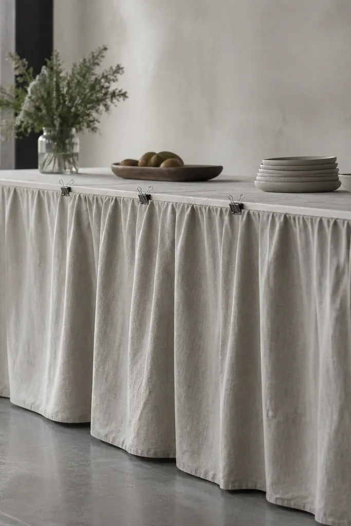 A long table skirt made from gray-beige drop cloth fabric, gathered slightly at the top edge. The skirt hangs to the floor and is held with visible binder clips along the table frame.