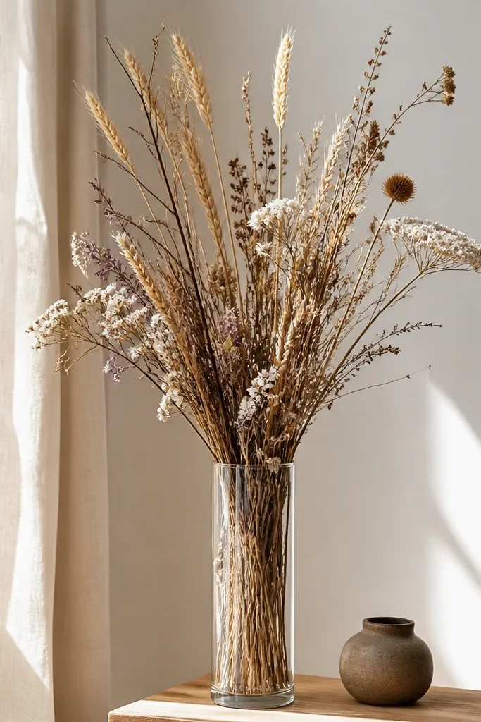 A tall, clear glass vase filled with dried wheat, small branches, and a few faux wildflower sprigs. The arrangement looks loose and natural, with the stems layered at different heights.