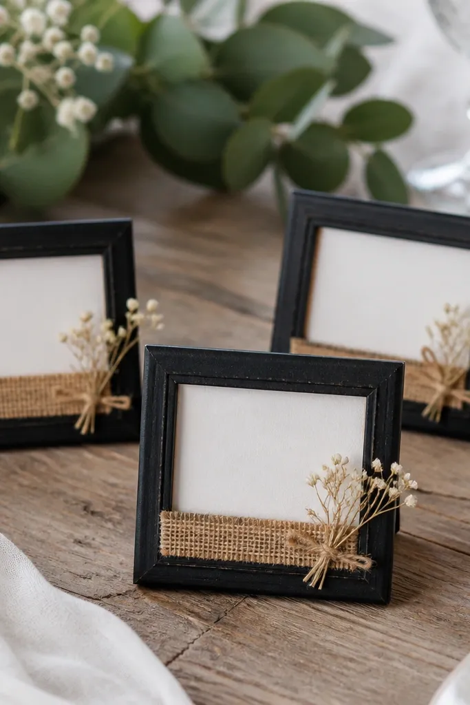Small tabletop picture frames holding place cards. The frames are painted black, with a burlap strip and a tiny dried flower tucked at the bottom.