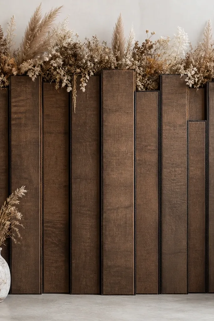A photo backdrop made from stacked foam boards cut into long beam shapes. The boards are sprayed with a dark wood stain effect and edged with black twine, with a dried flower line along the top.