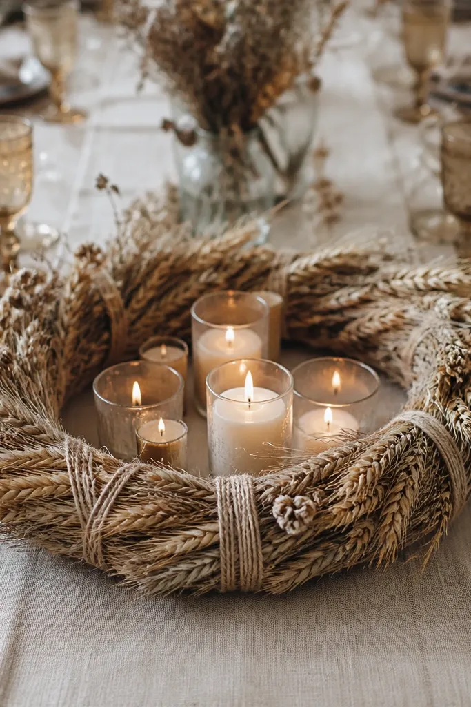 A circular wreath made from dried stems and small wheat bundles placed at the center of a long head table. Candles sit inside the wreath circle, and the wreath is wrapped with twine.