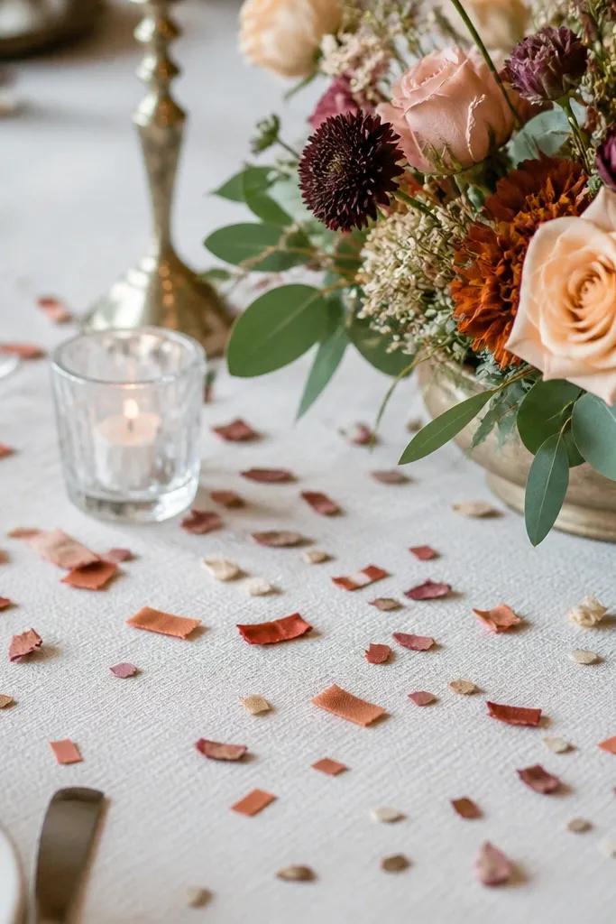 Rust-colored fabric confetti scattered lightly on tablecloth near the centerpiece. The confetti pieces are small strips and tiny squares, with a few dried petals mixed in.
