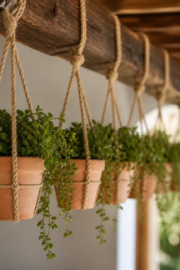 Small terracotta pots hanging from a wooden beam using thick jute rope. Faux greenery spills over the edges, and the pots are placed in a line along the ceiling or entry arch.