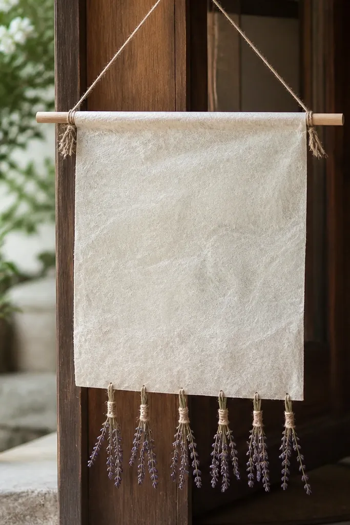 A welcome sign made from rice paper attached to a wooden dowel with twine. Small dried lavender sprigs hang from the bottom edge, and the sign is displayed at the entrance.