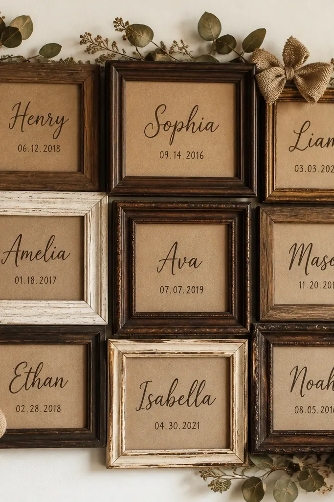 A cluster of mismatched thrifted wooden picture frames arranged like a grid on a wall. Each frame holds kraft paper with hand-lettered names and dates in deep brown ink. Behind the frames, there are strands of faux dried eucalyptus and small burlap bows.