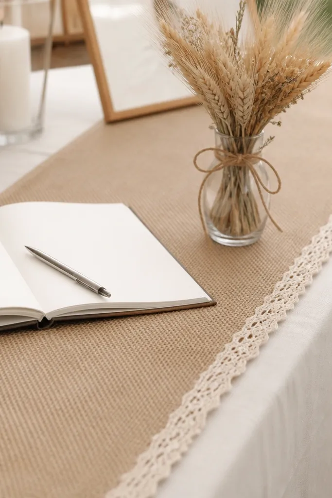 A long burlap table runner placed over a neutral tablecloth. Along one edge is a strip of off-white lace trim, slightly uneven like it was hand-sewn. A small vase of dried wheat sits near the guest book, with a twine bow tied around the vase neck.