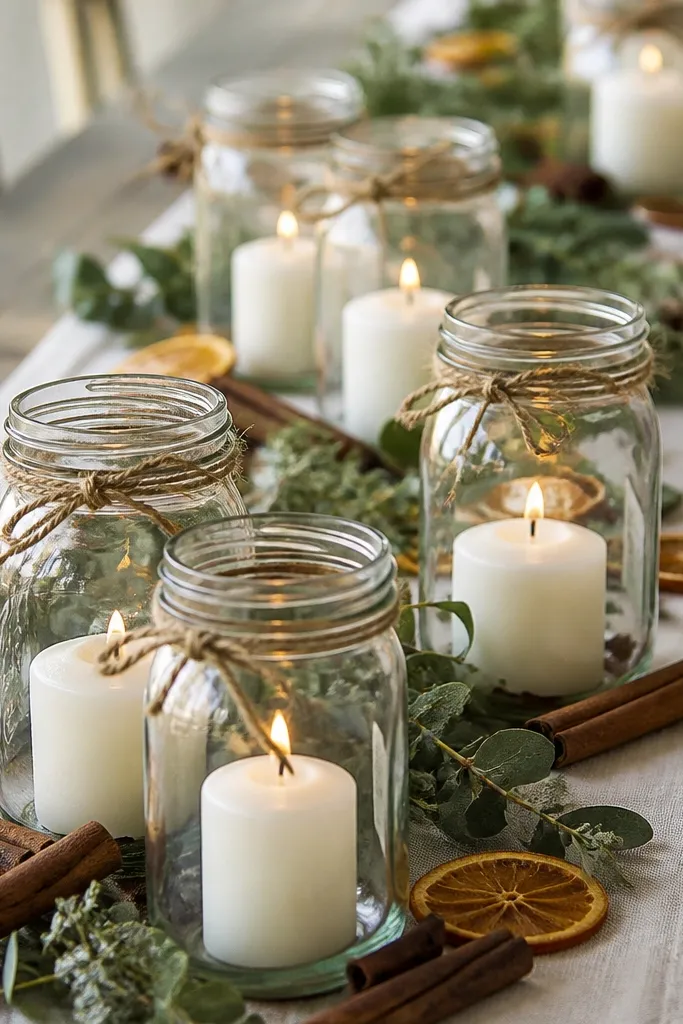 A grouping of mason jars on a long table, each jar holding a short pillar candle. Around the jars are scattered cinnamon sticks, dried orange slices, and small sprigs of greenery. The jars have twine wrapped around the necks.