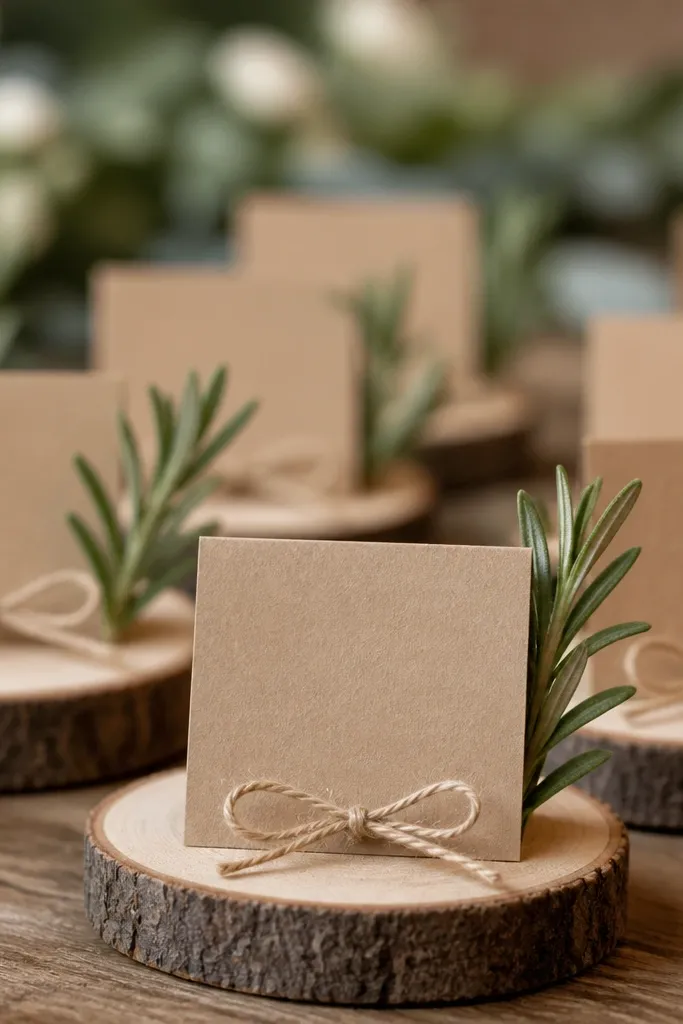 Round wood slices stacked on a table, each holding a small folded kraft card with a guest name written in dark ink. Tiny twine bows sit near the base, and a sage sprig is tucked behind a few cards.
