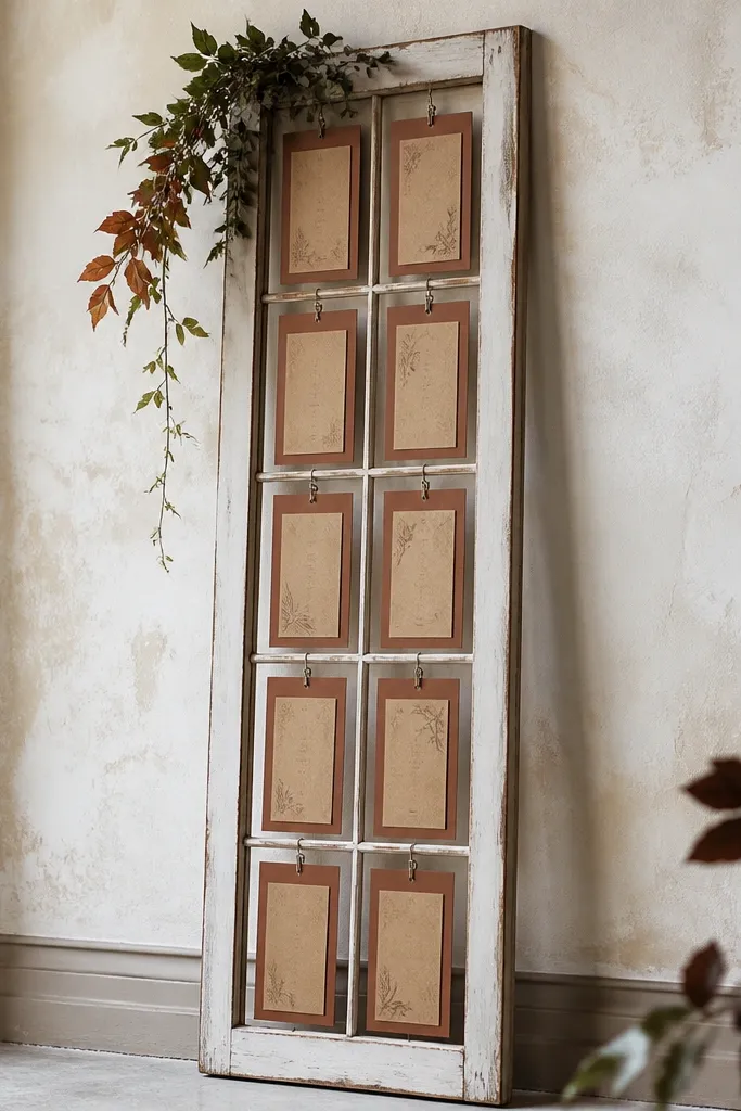 A tall, narrow window frame leaned against a wall. Inside the frame are several small rectangular signs with table numbers, each on kraft paper with a rust-colored border. A few faux leaves hang from the top bar.