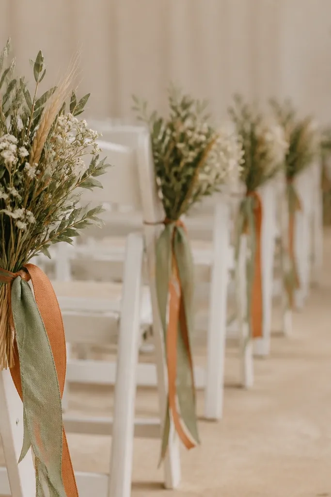 Small bundles of dried greenery tied to folding chair backs along a wedding aisle. The ribbons are sage and rust mixed, and a few bundles include dried wheat and baby's breath-like stems.